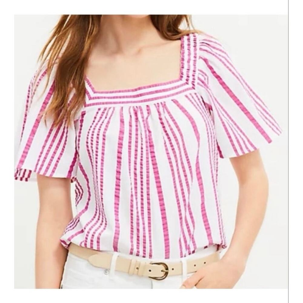 LOFT Cottagecore Pink Stripe Cotton Blend Puff Sleeve Top NWT LP Summer Resort